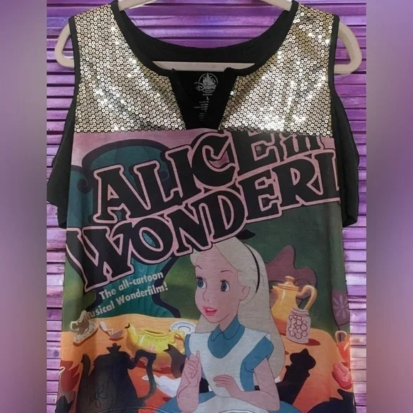 Disney parks Alice in Wonderland cold shoulder sequin embellished  T shirt - Picture 3 of 14